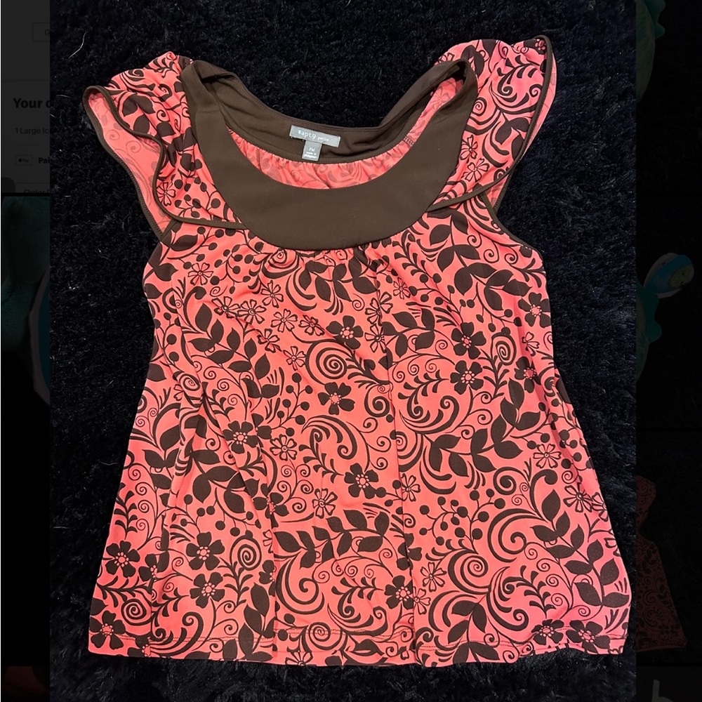 Y2K Petite Medium Brown and Pink Floral Top
